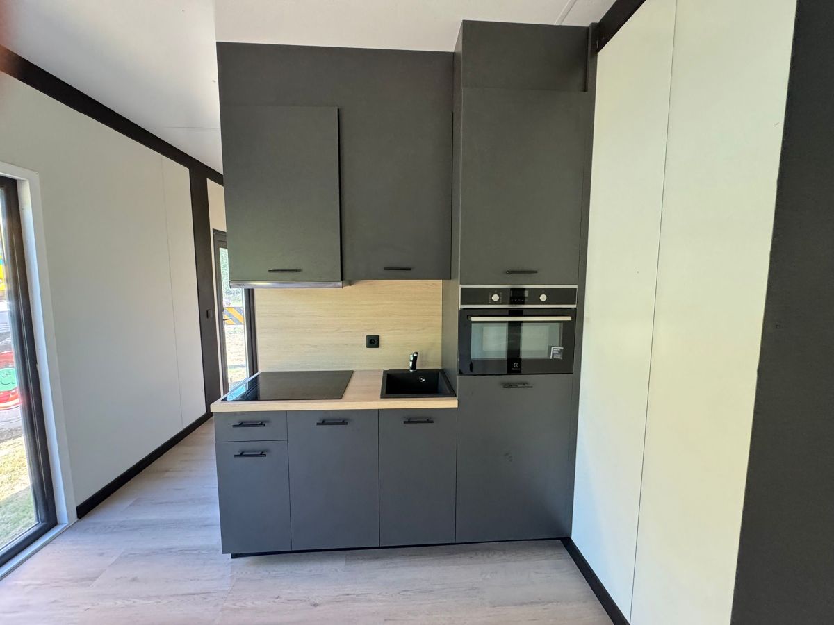 Lichte woonunit interieur met moderne keuken en houten vloer